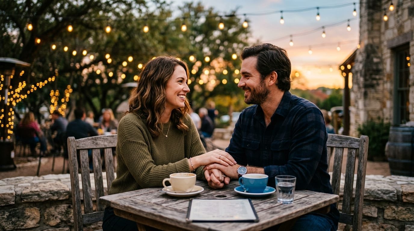 Romantic couple enjoying an attentive, heartfelt dinner conversation over drinks on an evening date